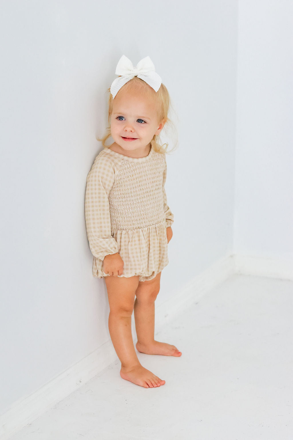 PERFECT FALL GINGHAM SMOCKED BUBBLE ROMPER